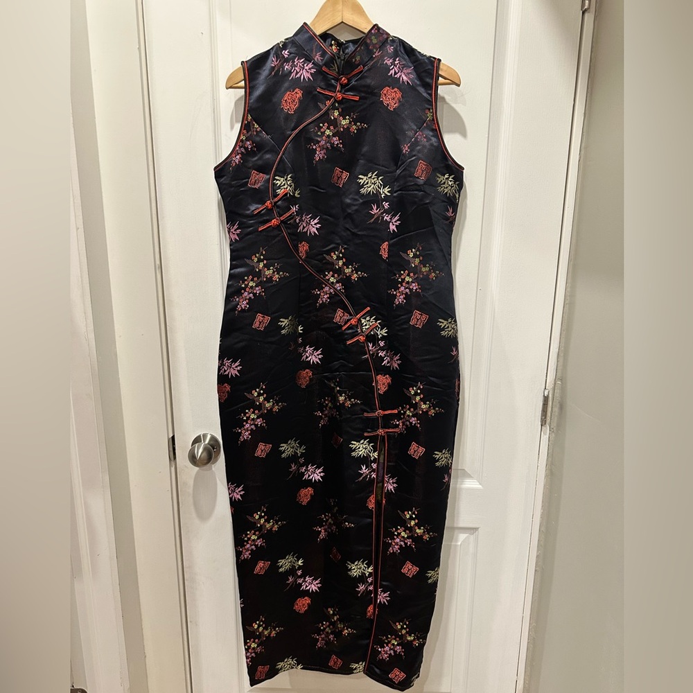 CLEARANCE Black Floral Satin Cheongsam Dress with Red Trim